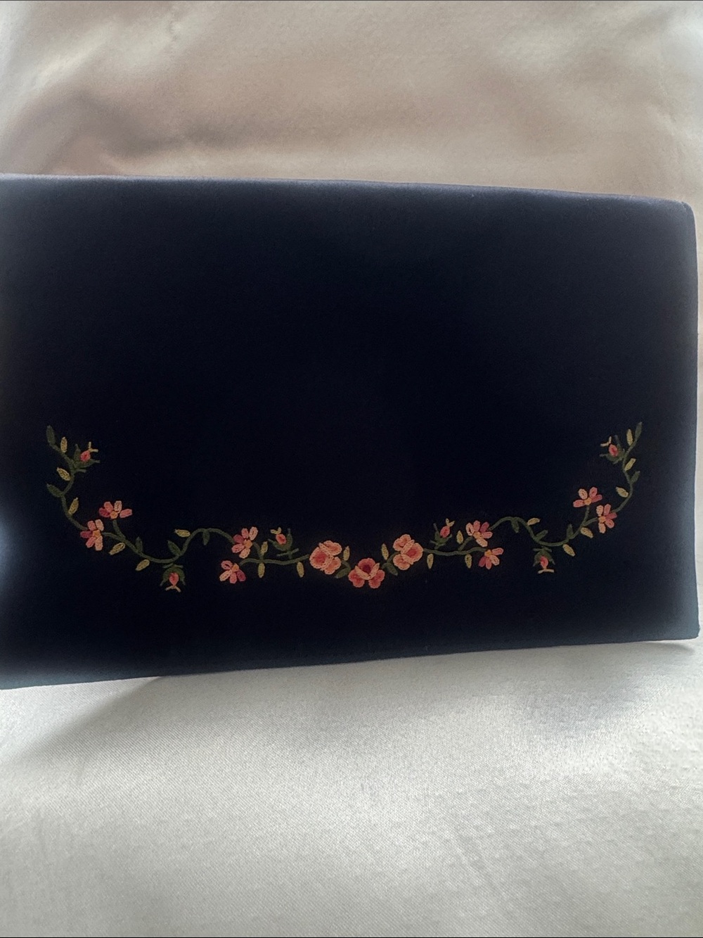 Vintage Velvet Floral Embroidered Clutch - Navy with Pink Accents